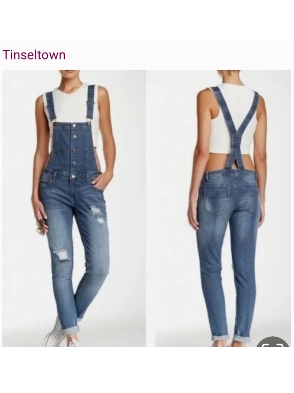 Tinseltown Light Blue Distressed Denim Women's Overalls
